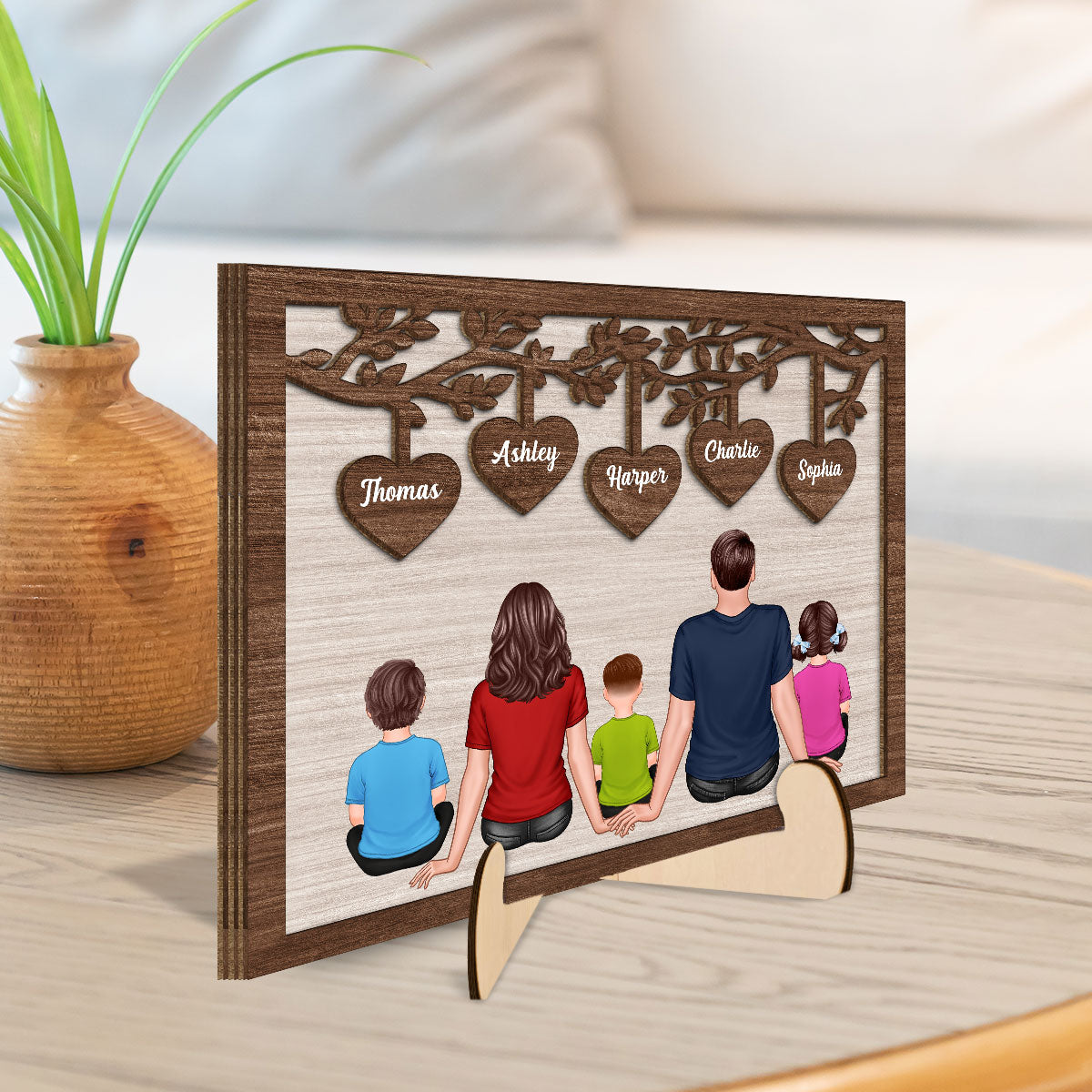The Whole Family Sitting Under Heart Tree Personalized 2-Layered Wooden Plaque
