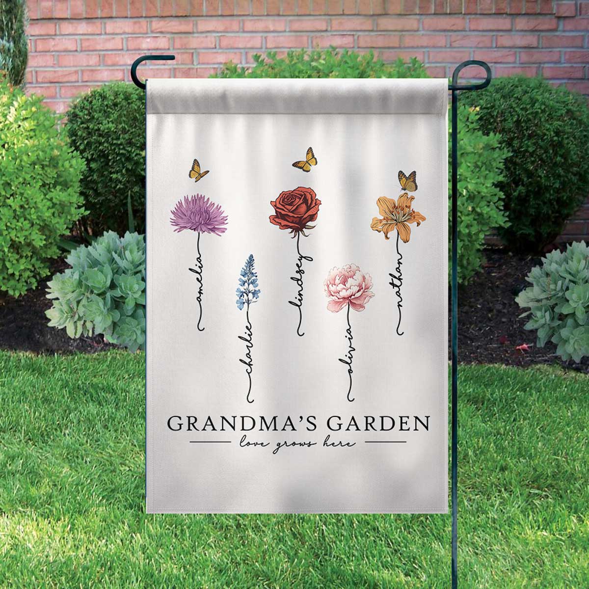 Grandma‘s Garden Love Grows Here Beautiful Birth Month Flower Gift For Grandma Mom Personalized Garden Flag