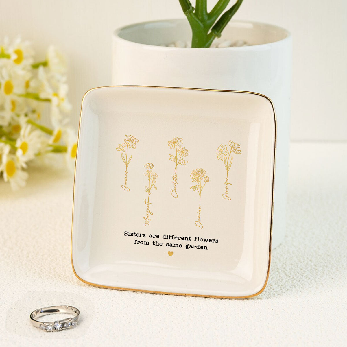 Friends Sisters Besties Birth Month Flowers Personalized Jewelry Dish, Christmas Gift for Sisters, Besties, Best Friends