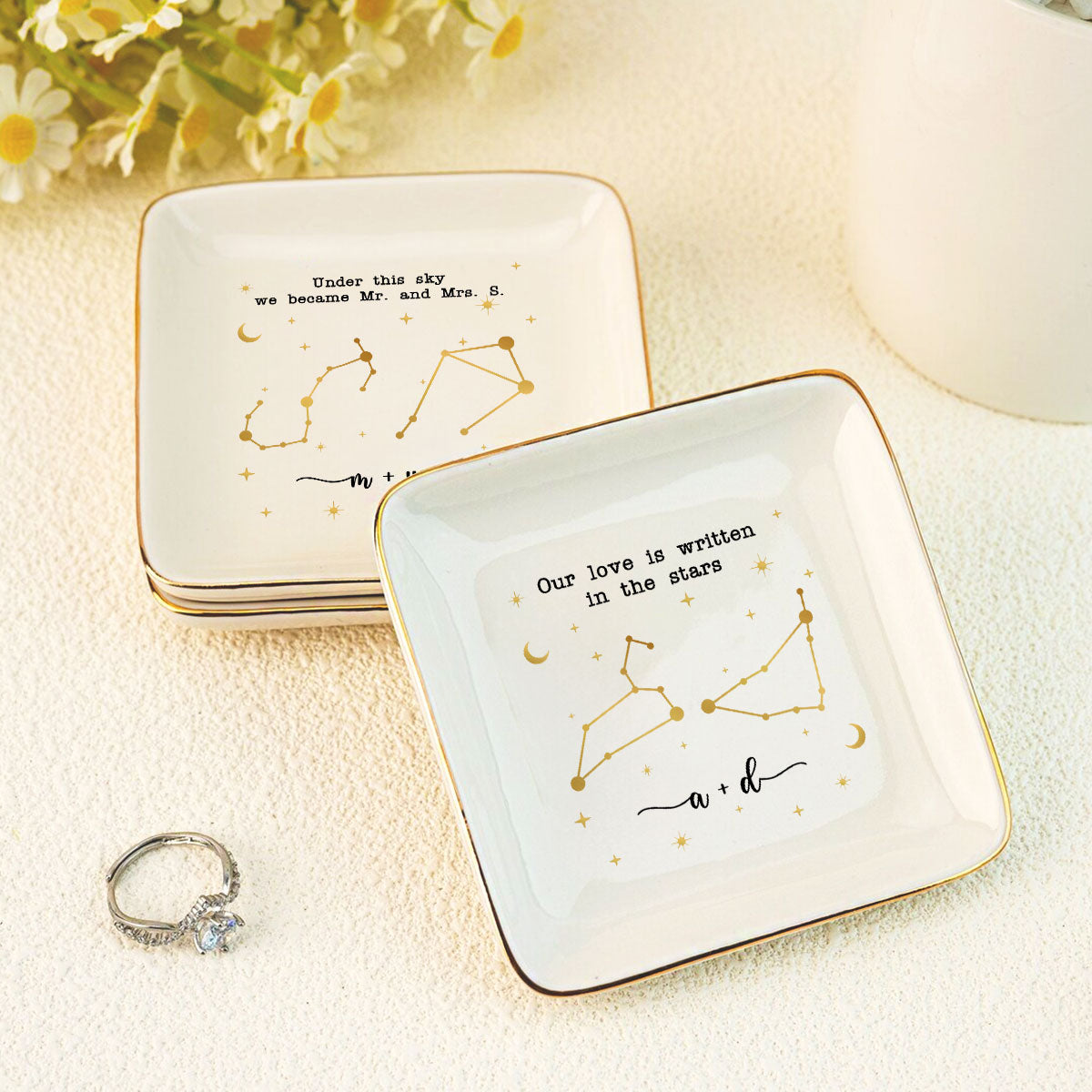 Couple Zodiac Sign Personalized Dish Jewelry, Gift for Her, Wedding Gift, Engagement Gift