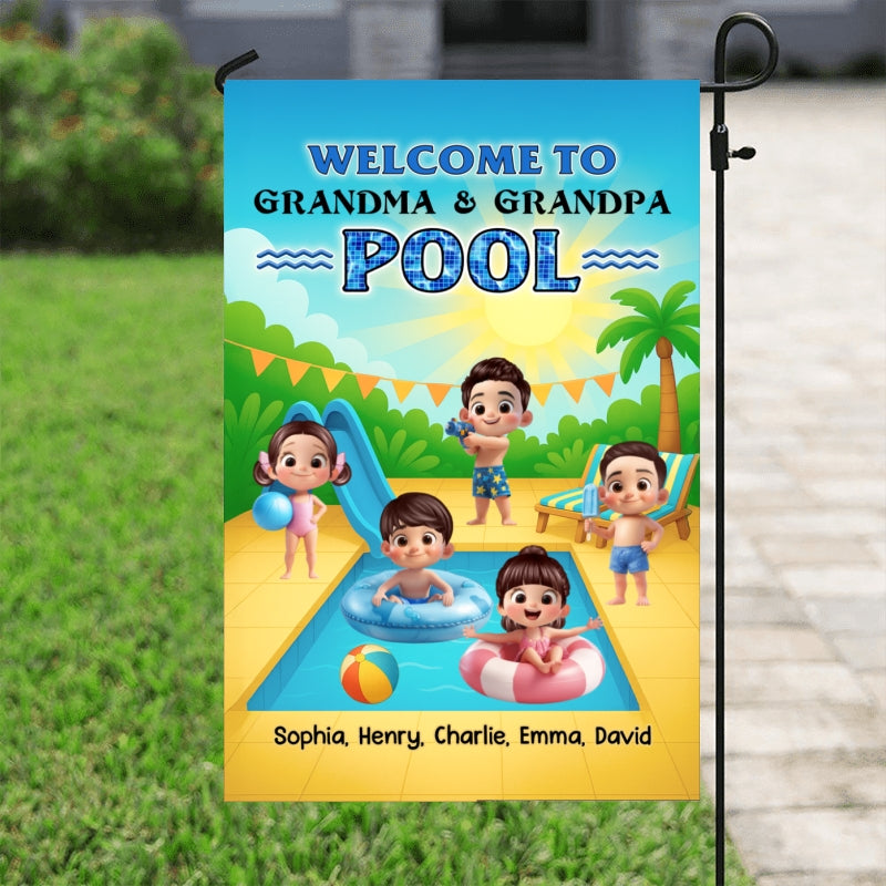 Welcome to Grandma Grandpa's Pool Personalized Garden Flag, Summer Grandkids Welcome Flag