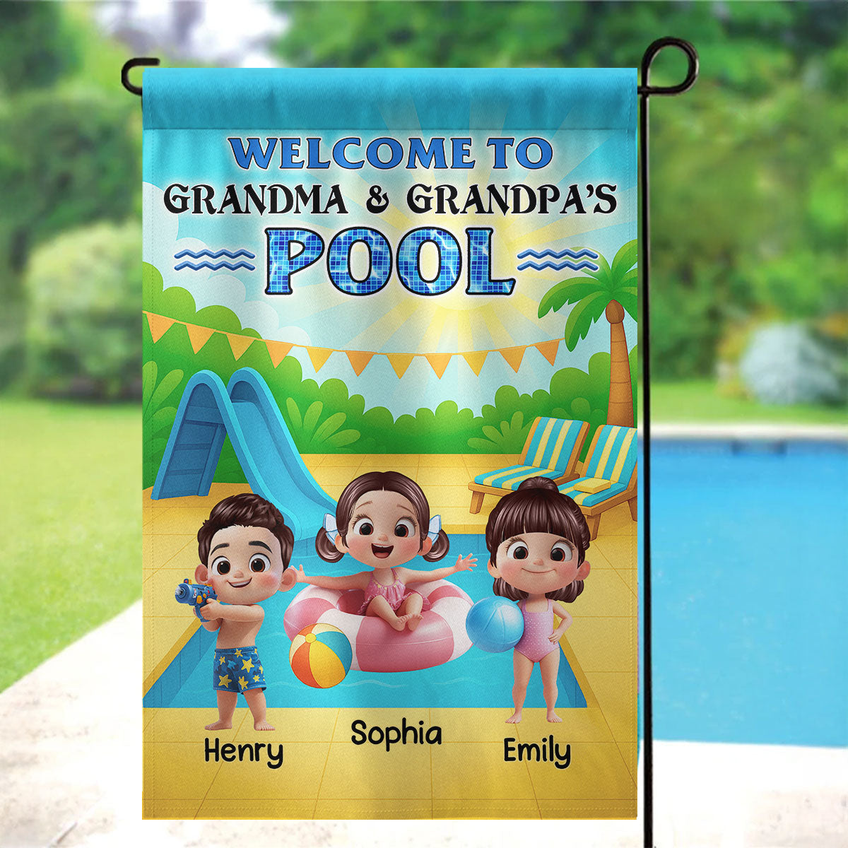 Welcome to Grandma Grandpa's Pool Personalized Garden Flag, Summer Grandkids Welcome Flag