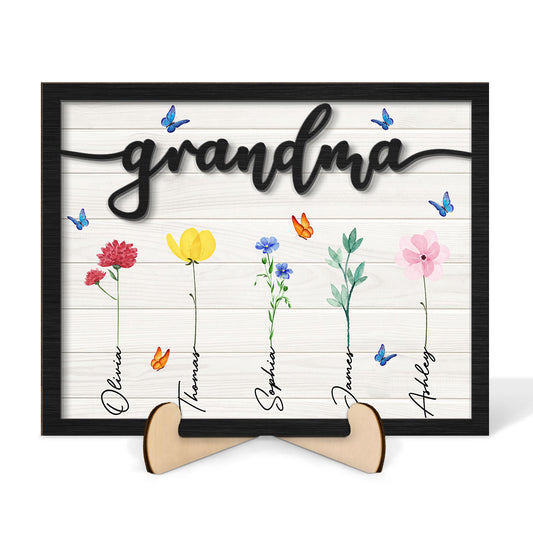Grandma Grandkids Watercolor Flowers Personalized 2-Layered Wooden Plaque