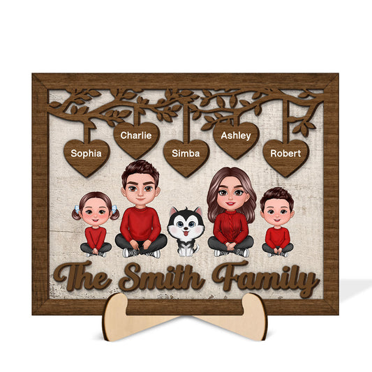 Family Sitting Crossed Legs Under Tree Personalized 2-layered Wooden Plaque