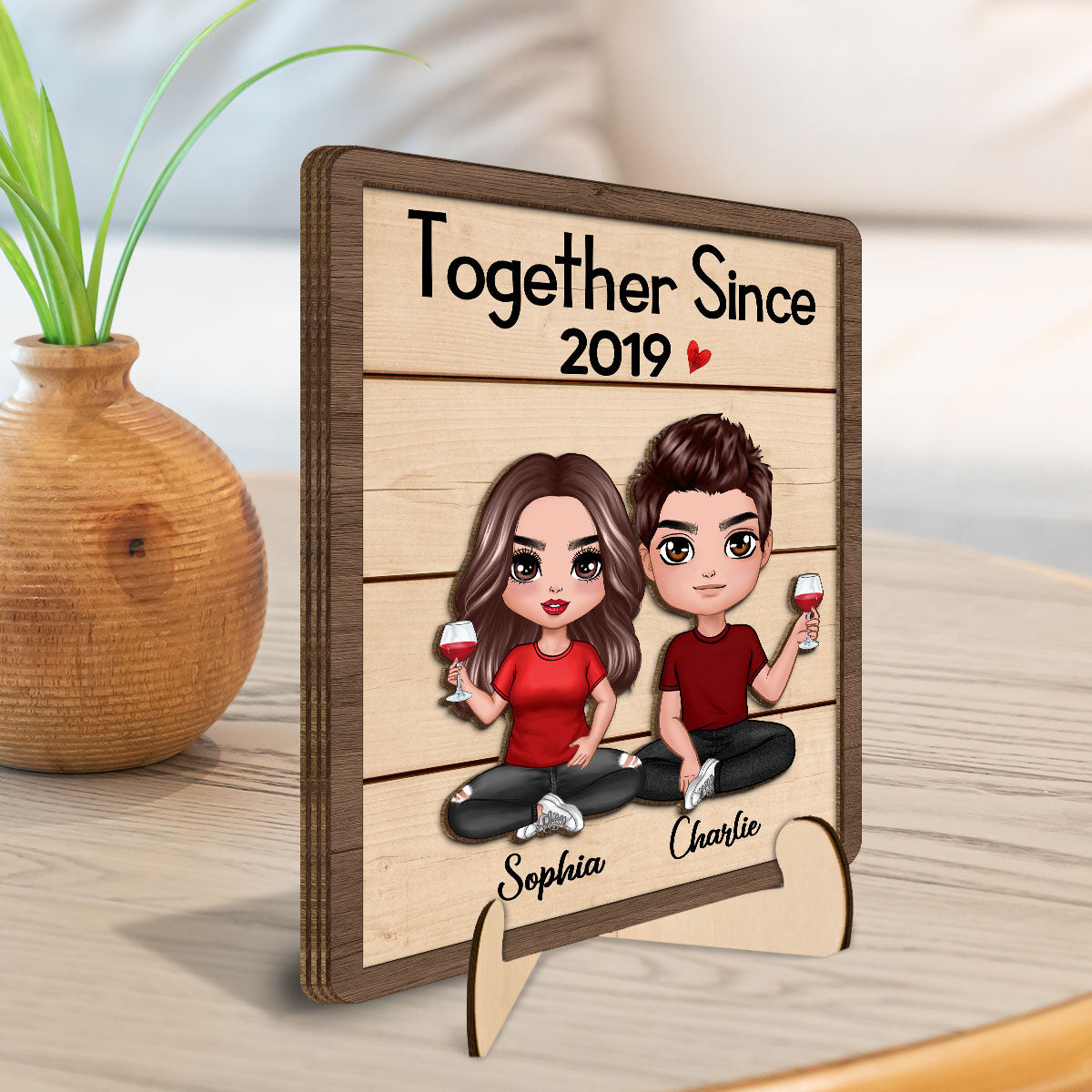 Doll Couple Sitting Gift For Him Gift For Her Personalized 2-Layered Wooden Plaque