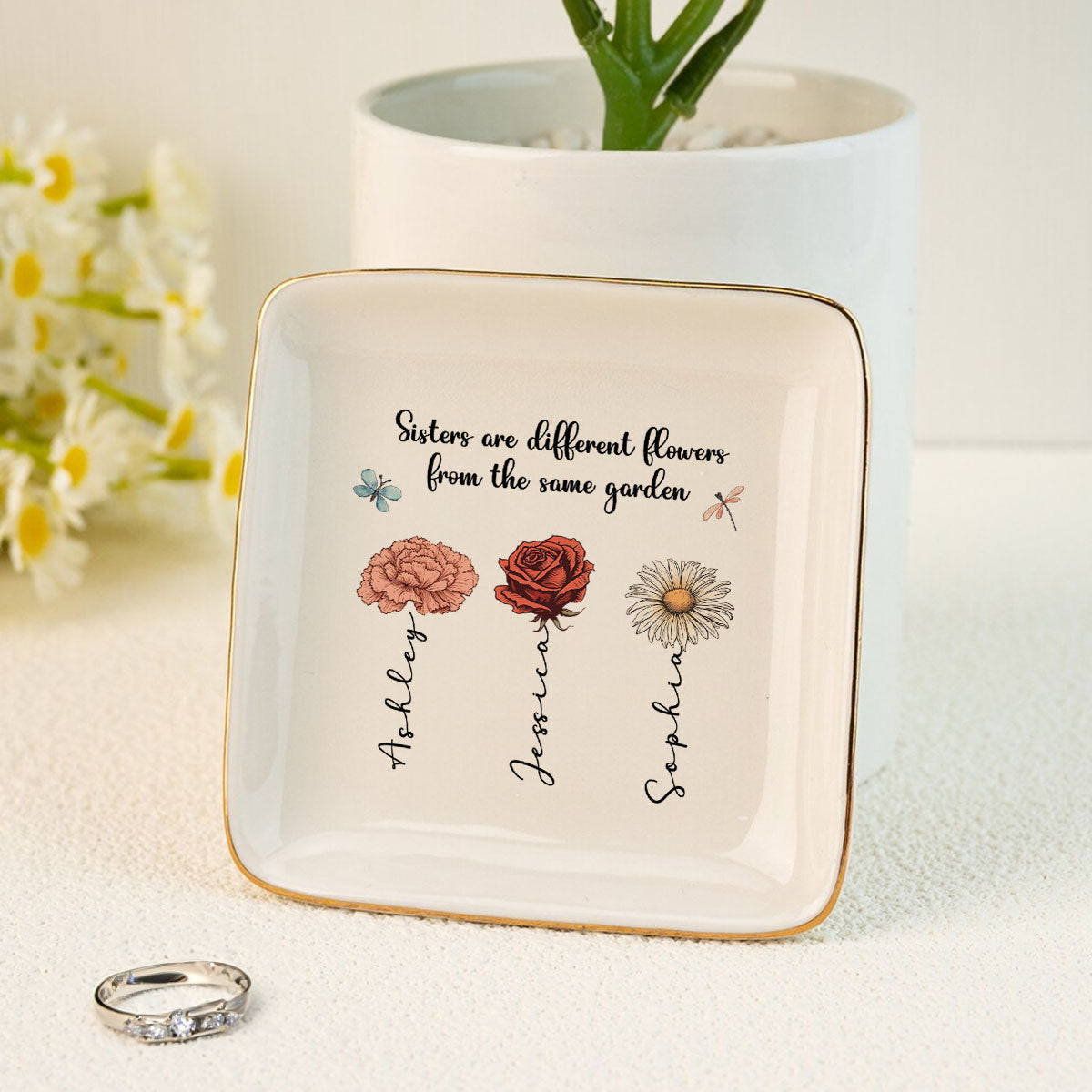 Sisters Are Different Flowers From The Same Garden Personalized Jewelry Dish, Gift For Sisters, Siblings, Besties